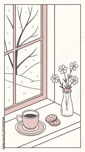 Tea and shortbread on a windowsill with falling snow — calm cosy winter flat vector illustration,Tea and shortbread on a windowsill with falling snow — calm cosy winter flat vector illustration.