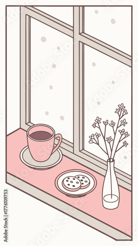 Tea and shortbread on a windowsill with falling snow — calm cosy winter flat vector illustration.