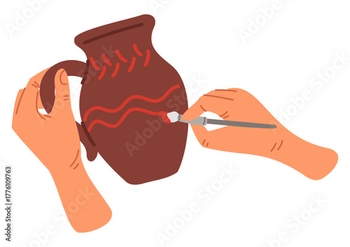 Hand with paintbrush decorates brown clay jug. Handmade in pottery art workshop. Craft hobby. Ceramist painting earthenware. Ceramic pot vase. Potter arms with brush. Vector concept