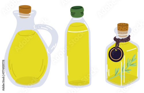 Glass bottles with corks containing olive oil. Cooking vegan ingredient. Extra virgin. Mediterranean kitchen. Organic product jug. Vector set of containers for vegetable oily liquid