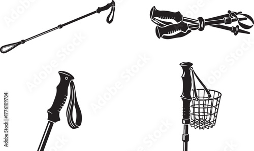 Hiking Poles Icons Single Pair Basket White Background trekking sticks