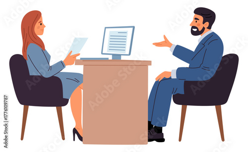 Female HR manager is interviewing male job candidate for position at company. Office employee recruit. Corporate vacancy. Communication about hire resume. Vector recruitment concept