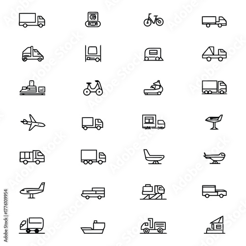 Modern Line Style Transportation Icons Pack with Cargo Trucks Bicycles Airplanes and Heavy Machinery Illustrations