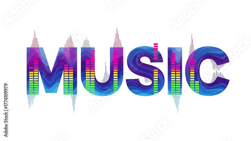 Abstract colorful glowing music equalizer text effect with vibrant neon lights and sound waves isolated on transparent background