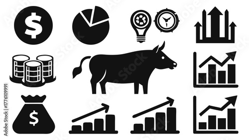 clean black vector silhouette icon set of 12 stock market and investment symbols bull, bear, rising chart, falling chart, dollar sign, portfolio, coins flat minimal style