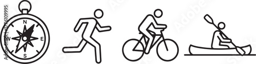 Icons of compass, running, cycling, and kayaking on white background Keywords: compass, running