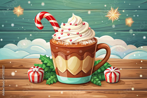 Creamy peppermint latte topped with whipped foam and candy cane decoration, photographed on snowy wooden table, evoking festive Christmas winter mood