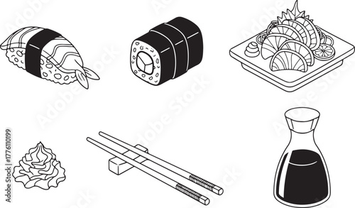 Japanese Sushi Icons Set With Chopsticks And Soy Sauce Keywords: sushi, sashimi, maki, roll