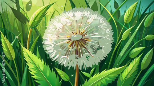 Very beautiful close-up view of a dandelion showcasing its intricate details and ethereal beauty, surrounded by a natural background of green grass and delicate leaves in soft sunlight.