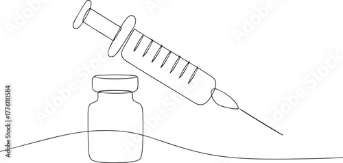 Single line drawing of medical syringe and vial healthcare