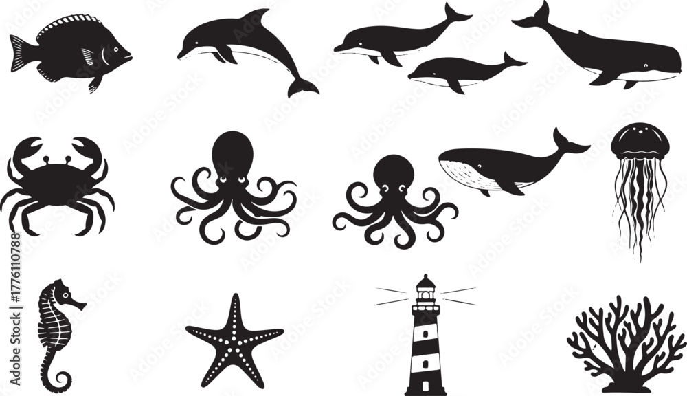Fototapeta premium Marine Life and Lighthouse Icons Set With White Background ocean animal