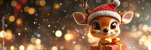 Christmas funny cheerful deer in hat and gift holiday character, 3d illustration, playful pose isolated on christmas background bokeh, space for text