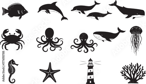 Marine Life and Lighthouse Icons Set With White Background ocean animal