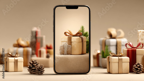 Christmas online shopping concept showing gifts on smartphone screen surrounded by many gifts with pine cones and fir branches on neutral beige background