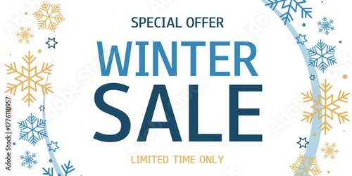 Winter Sale horizontal background with snowflakes. Special Offer. Limited time only. Template for design, banner, flyer, poster.