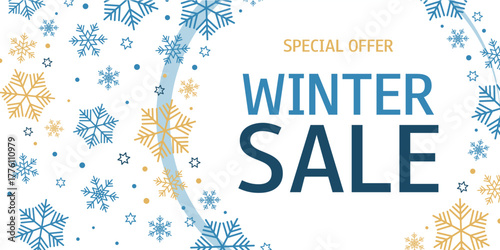 Winter Sale horizontal background with snowflakes. Special Offer. Template for design, banner, flyer, poster.