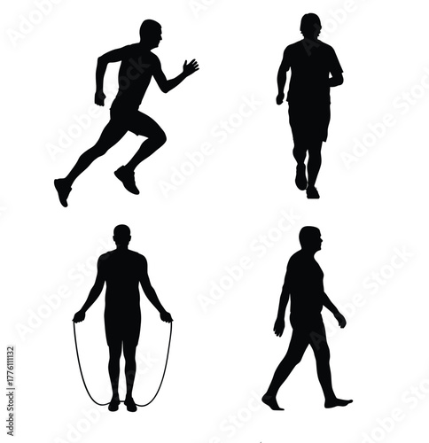 Silhouettes Set of Fitness and Strength Training including Squat, Plank, Running, Dumbbells, and Jump Rope Vector