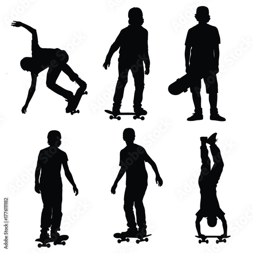 Silhouette Set of Skateboarder Performing Tricks like Extreme Sport, Youth Culture, Handstand, and Urban Lifestyle Vector