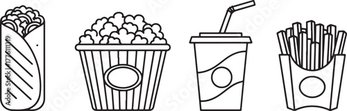 Outline icons of fast food items on white background burrito wrap