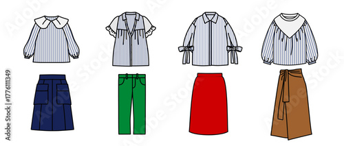 ストライプシャツとスカートの春夏レディースファッションイラスト