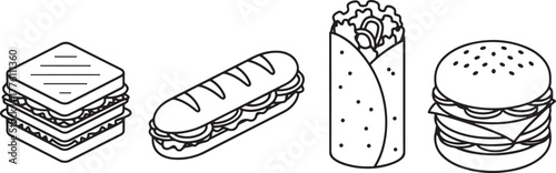 Outline Illustrations of Fast Food Items sandwich toastie