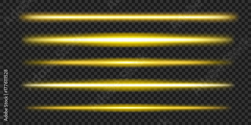 Yellow LED light effect. Gold straight line. Vector lazer illustration with transparency. Golden beam set