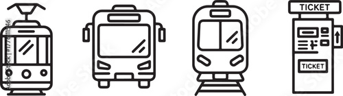 Public Transportation Icons Set With Tram Bus Train And Ticket Machine streetcar