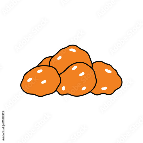 Stylized pile of orange chicken nuggets with white spots and black outlines
