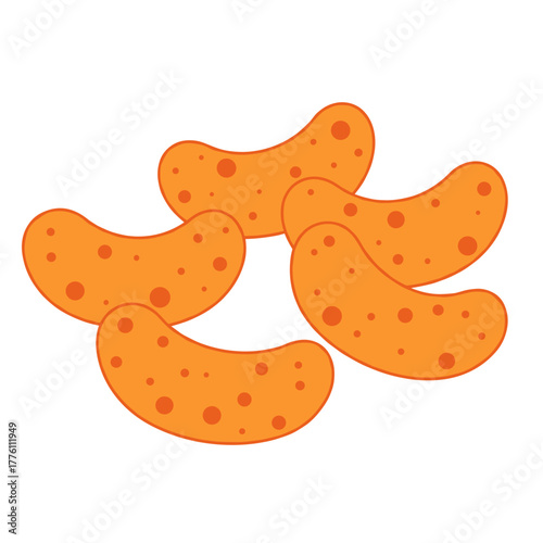 Cartoonish Orange Snacks with Darker Spots, Curving and Overlapping.