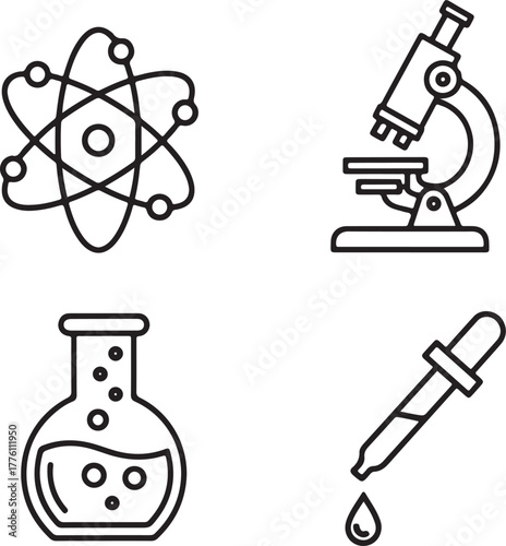Science Icons Atom Microscope Flask Dropper White Background atomic molecule