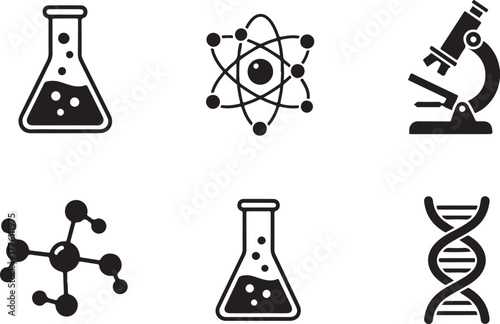 Science Icons Flask Atom Microscope DNA Molecule White Background beaker liquid