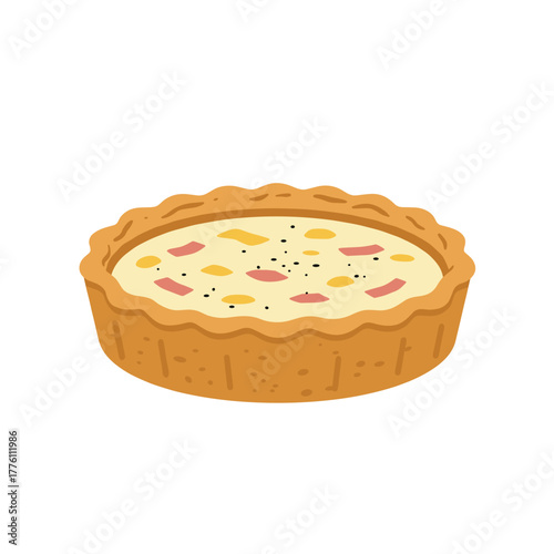 Cartoon Quiche Lorraine with Ham and Cheese, Savory Tart Illustration
