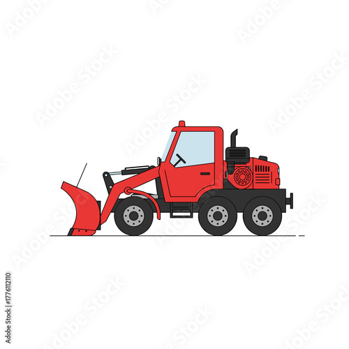 Red snowplow with black tires and a curved blade, side view illustration