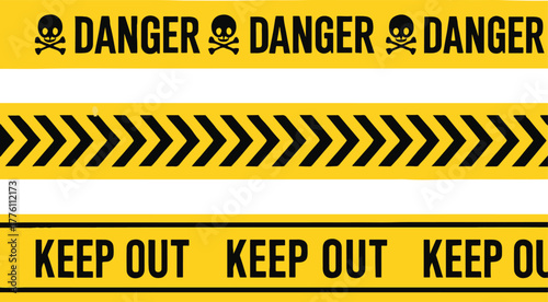 Caution and Warning Tape Set for Construction, Industrial Safety, Roadwork, Police Line, Danger, and Hazard Zone Vector Illustration