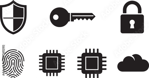 Security and Technology Icons Shield Key Lock Fingerprint Chip Cloud vector illustration