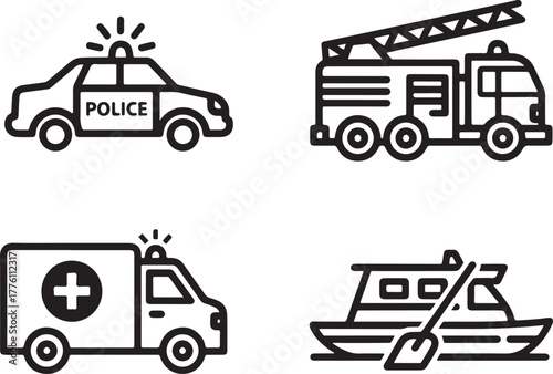 Set of four emergency service vehicle icons on white background Keywords: police car, fire truck