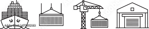 Shipping and logistics icons cargo ship container crane warehouse container ship