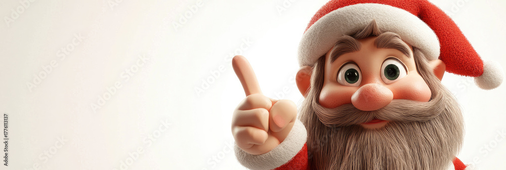 Obraz premium funny cheerful elf-gnome in santa hat Christmas character with surprise face pointing finger to the side, 3d illustration, playful holiday pose, isolated on white background with copy space