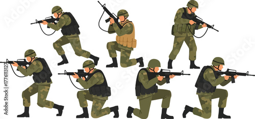 Elite military soldiers aiming rifles ready for action deployment group isolated on transparent background