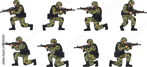 Modern military soldiers in action poses ready for combat and warfare scenarios isolated on transparent background