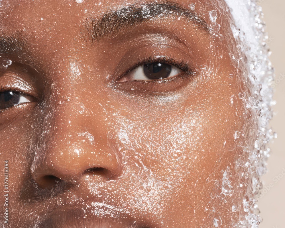 Fototapeta premium Close-up macro photo of mixed race woman with icy glow and frosted detail. Cinematic blue light highlights fresh, premium cryo skincare style