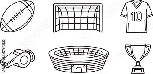 Sports Equipment Icons Set Football Goal Jersey Whistle Stadium Trophy Keywords: sports