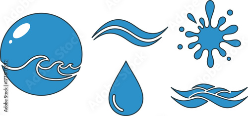 Abstract blue water elements icons splashes drops waves fluid abstract shapes collection for design isolated on transparent background