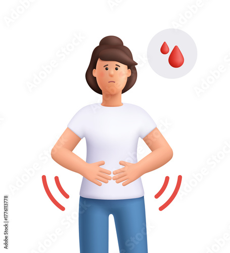 Sad woman Jane with abdominal pain holding her stomach. Menstrual cramps, period pain, menstruation, female health and monthly cycle concept. 3d vector people character. Cartoon minimal style.