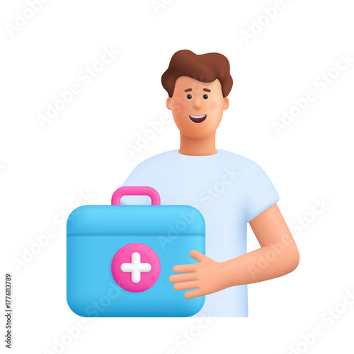 Young smiling man James holding first aid kit or ambulance emergency box. Healthcare, medicine, emergency support and medical assistance  concept. 3d vector people character. Cartoon minimal style.