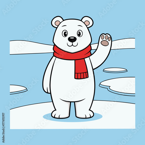 Polar Bear Wearing Scarf Waving Ice Floes Christmas