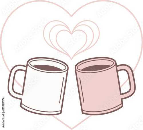 Two Mugs Coffee Toasting with Heart Outline Christmas minimalist clinking