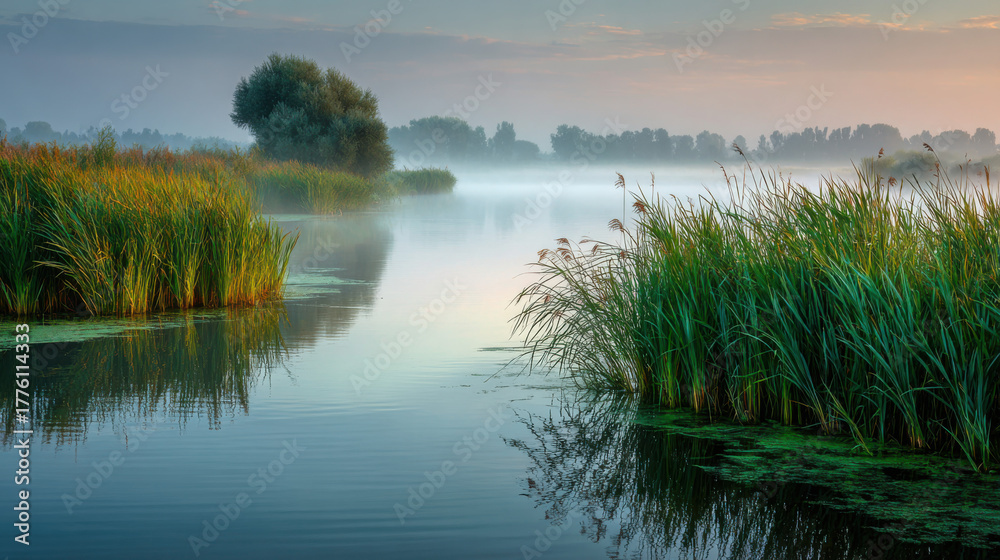 Obraz premium The serene river is shrouded in a light morning mist as the sun begins to rise, illuminating the tall reeds and green foliage along the tranquil waters edge.