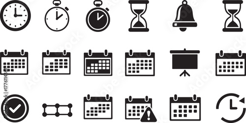 Time and scheduling icons set on white background Keywords: clock, stopwatch, hourglass, bell