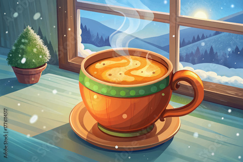 Traditional masala chai with visible spice foam served in handmade clay cup next to frosted window showing falling snow outside